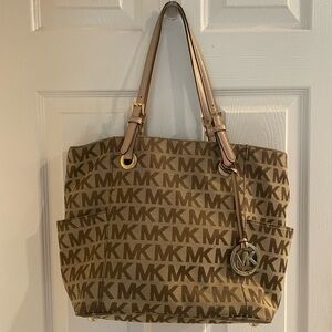 Michael Kors Brown Tan MK Logo Tote with Gold Charm